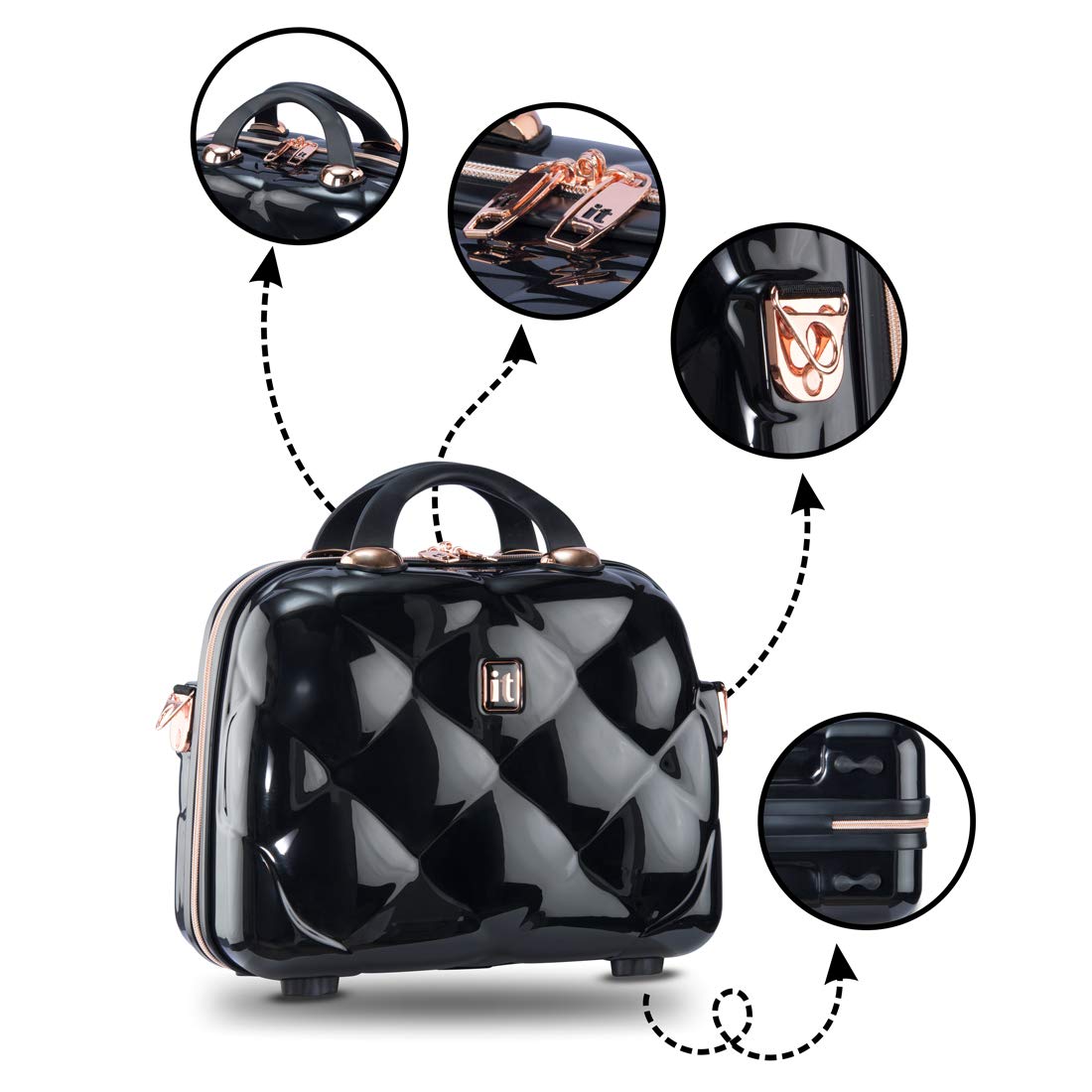 it luggage Vanity Case St Tropez -Black with Rose gold trimmings-14 inches Polycarbonate Hard sided Fashion Handbag for Women for Women-36cm Cosmetic Box