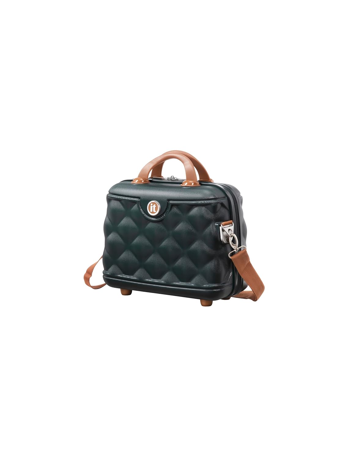 it luggage- Vanity Case-Indulging Dark Green with Tan Trimmings Beautiful Interior Hand Bag Cosmetic Box Hardsided 30cms