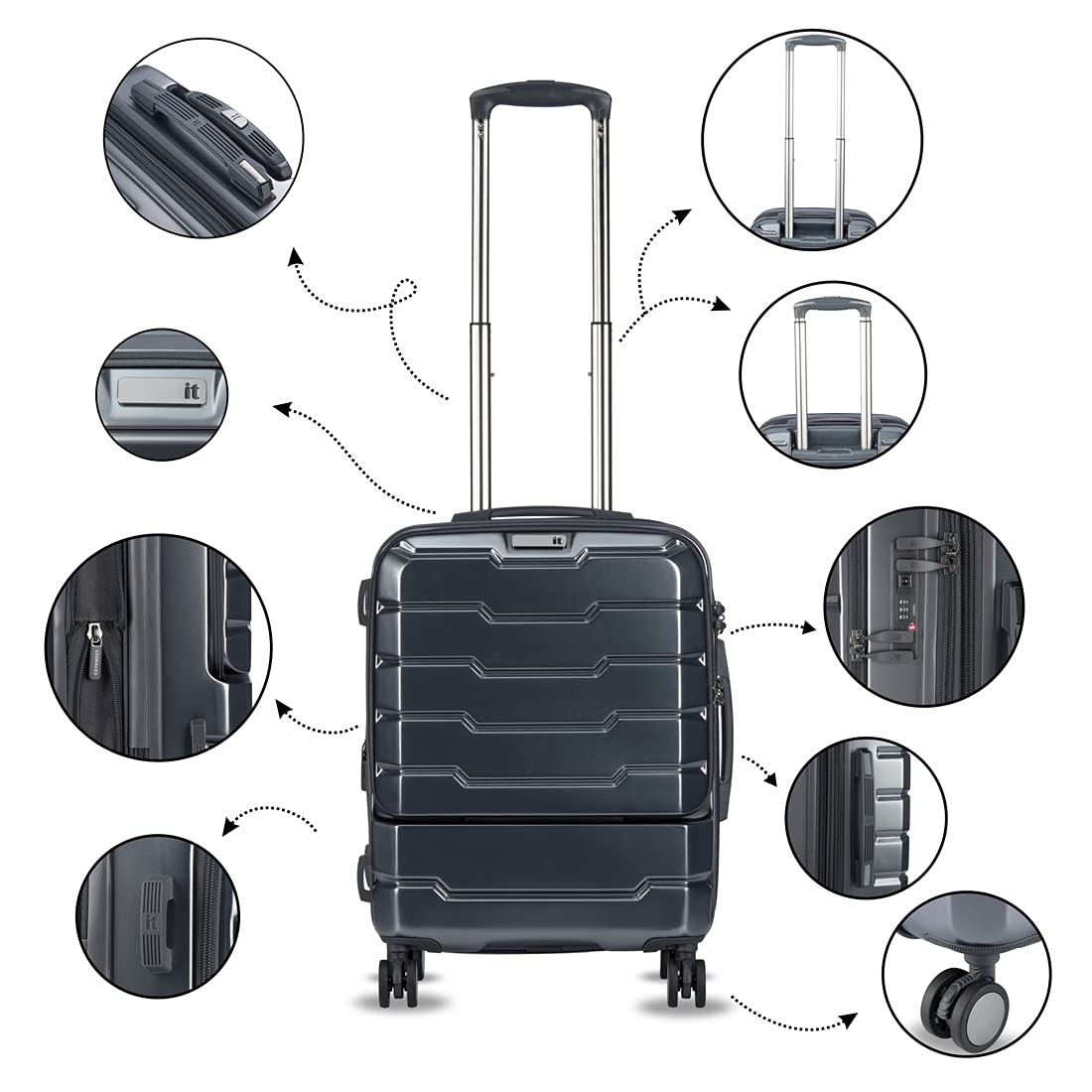 it luggage Prosperous |Metallic Grey-Cabin with Padded Laptop Section-54cms | Expandable | Polycarbonate| Hardsided Suitcase Travel Bag | 8 Wheel Trolley Bag