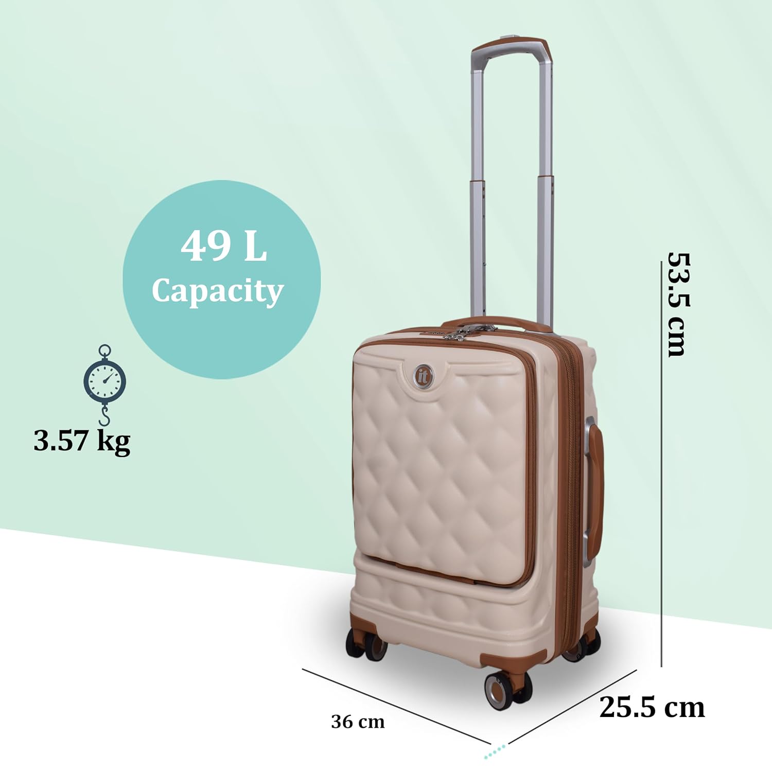 it luggage- Indulging-Cream-Cabin-20 inches-with Padded Laptop Section in The Front Expandable Hard Case Beautiful Interior Carry-on 8 Wheel Trolley Bag