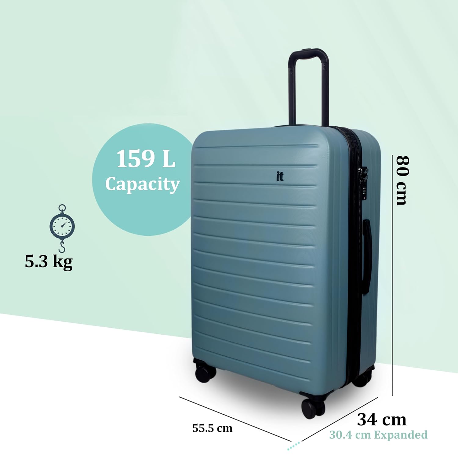 it luggage Legion Smoke Blue- Large -80 cms Expandable Hardsided 8 Wheel Trolley Luggage with TSA Lock