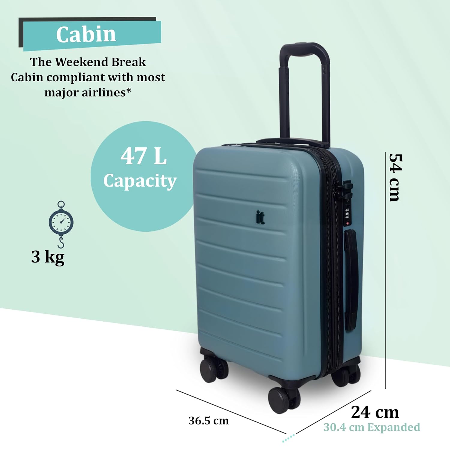 it luggage Legion Smoke Blue- Cabin-54 cms Expandable Hardsided 8 Wheel Trolley Luggage with TSA Lock