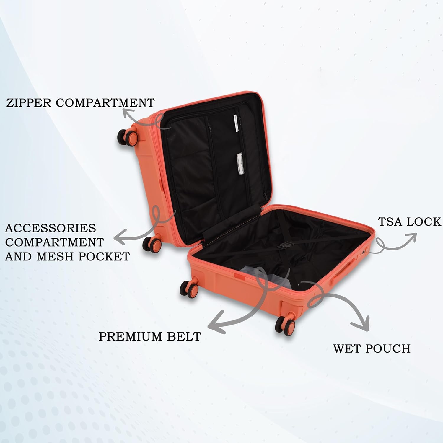 it luggage-Momentous-Fusion Coral PP Hardsided Fashion Luggage Cabin Trolley with Padded Laptop Section with TSA Lock & Wet Pouch Inside 8 Wheel Trolley Bag