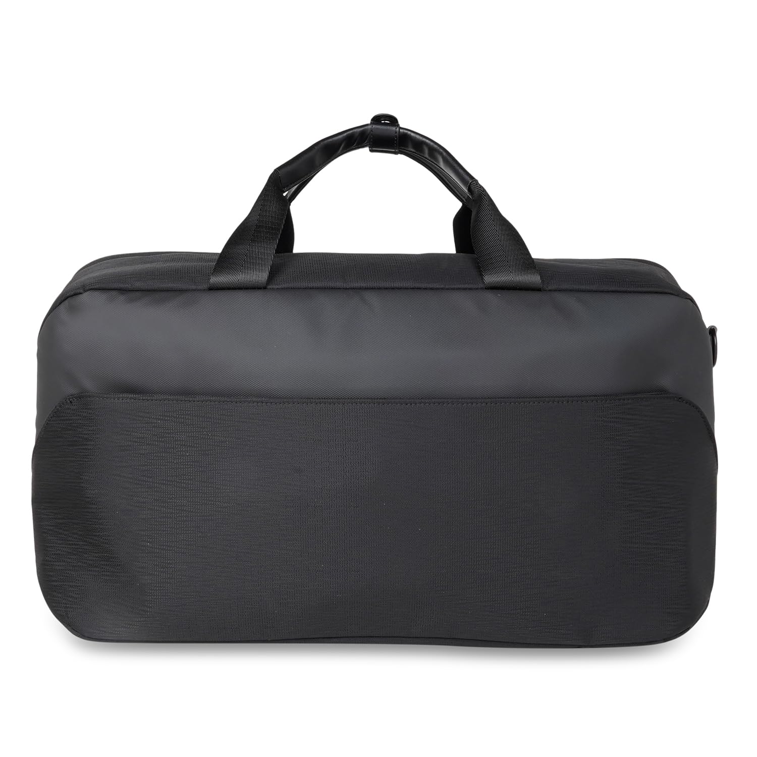 ft Elite Black Duffle Bag for Travel with Vegan Leather Trimmings Recessed USB Port Eco Responsible Light Weight with Padded Laptop Section, Mesh Pocket Inside Fashion Duffle Bag for Men and Women