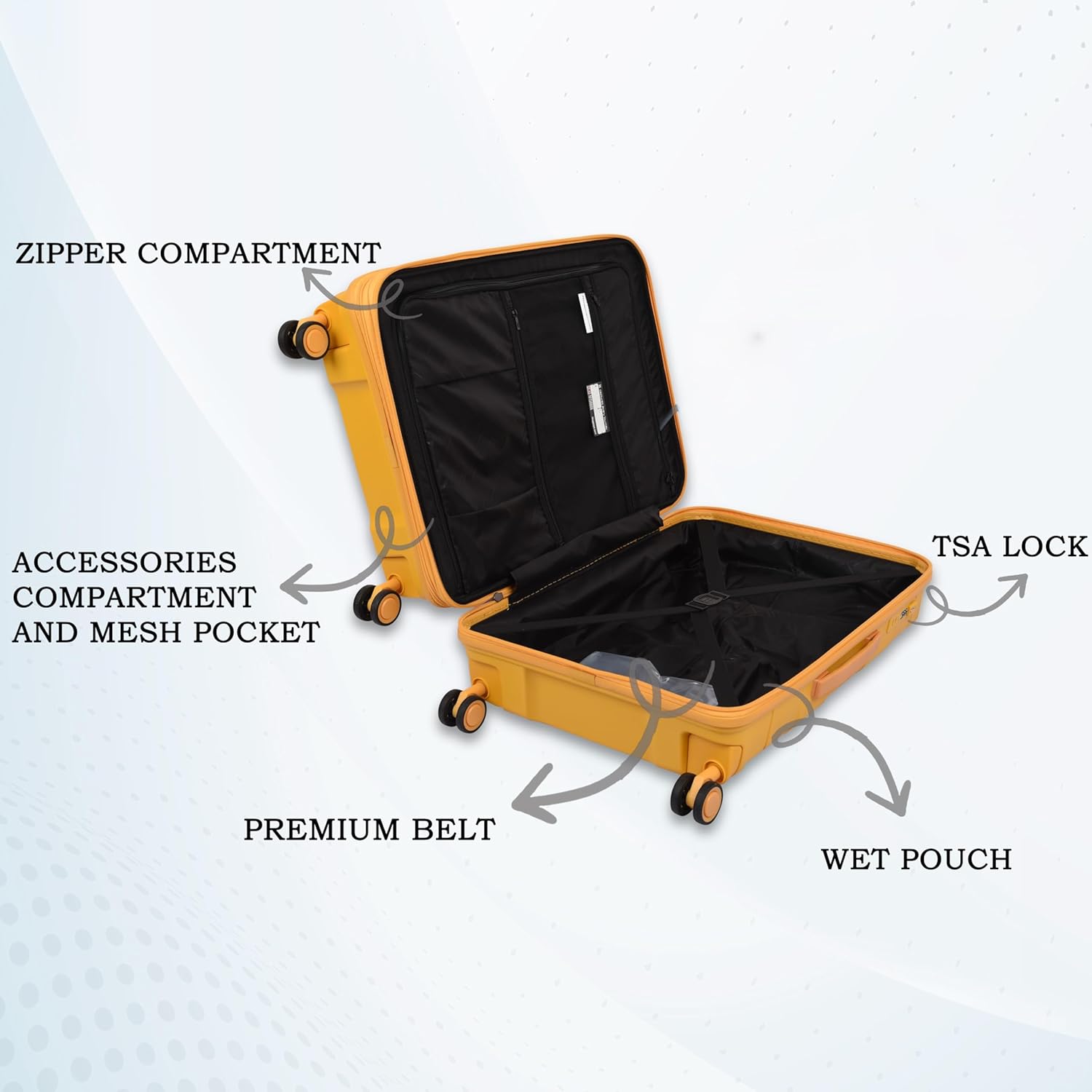 Momentous Mango Yellow PP Hardsided Fashion Luggage Cabin Trolley with Padded Laptop Section with TSA Lock & Wet Pouch Inside 8 Wheel Trolley Bag