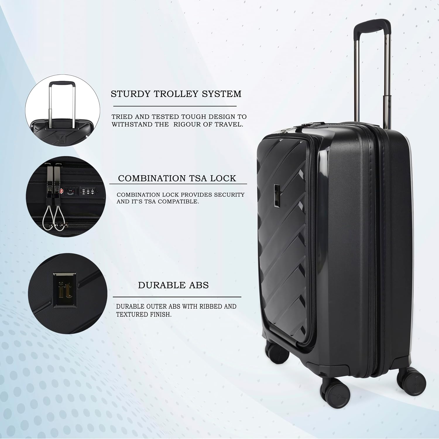 it luggage Influential-Black-Cabin-20 inches with Padded Laptop Section-PP Hardsided Fashion Luggage Trolley 8 Wheel Luggage with TSA Lock-54.5 cm