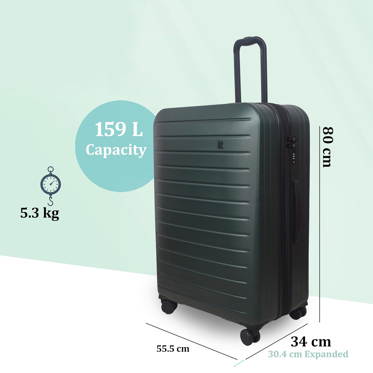 it luggage Legion Forest Green- Set of 3- Large, Medium & Cabin -80,70,54 cms Expandable Hardsided 8 Wheel Trolley Luggage with TSA Lock