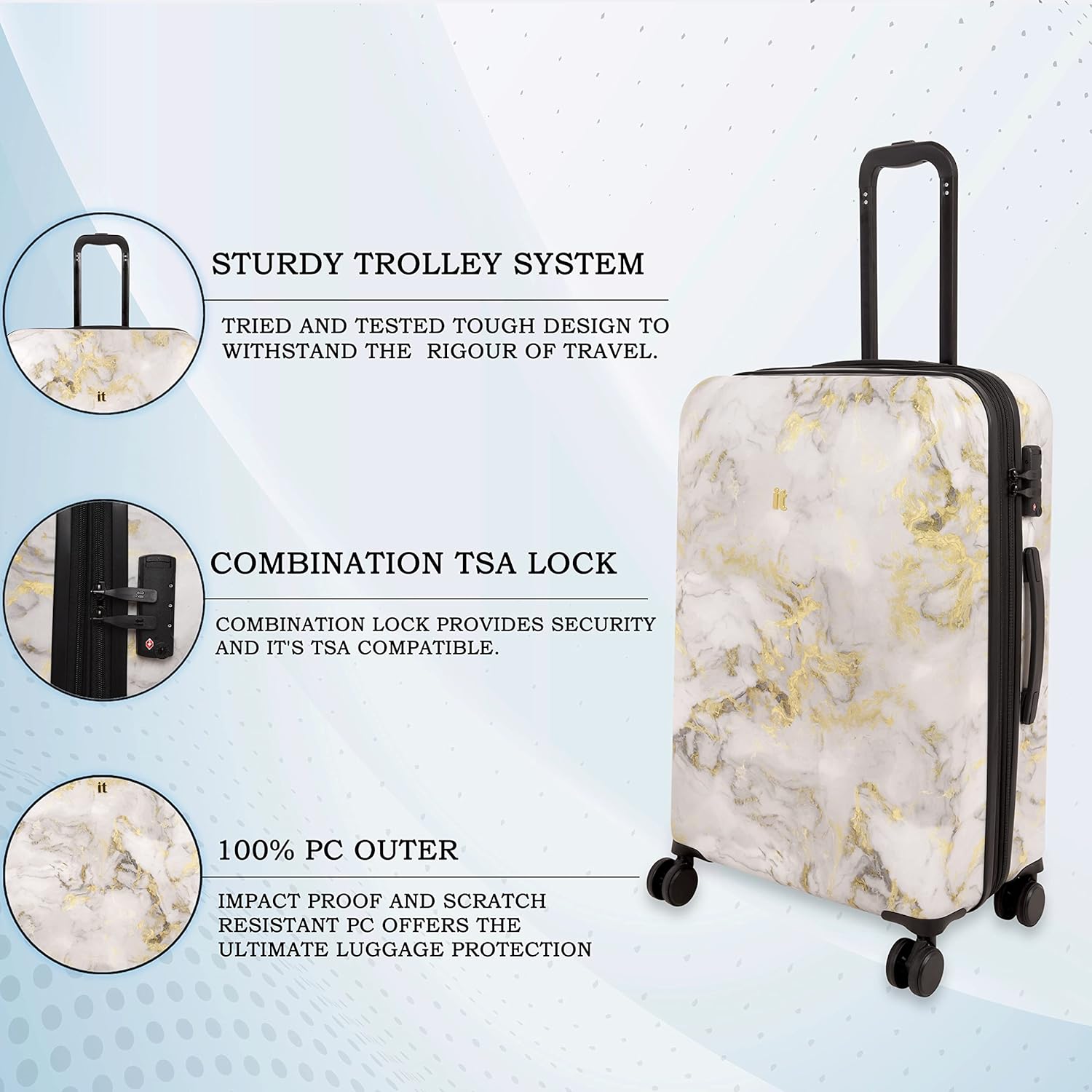 it luggage Sheen -Gold Grey Scale-Marble Effect Medium-24 inches Expandable Polycarbonate Hardsided Suitcase Travel Bag 8 Wheel Trolley-70cm