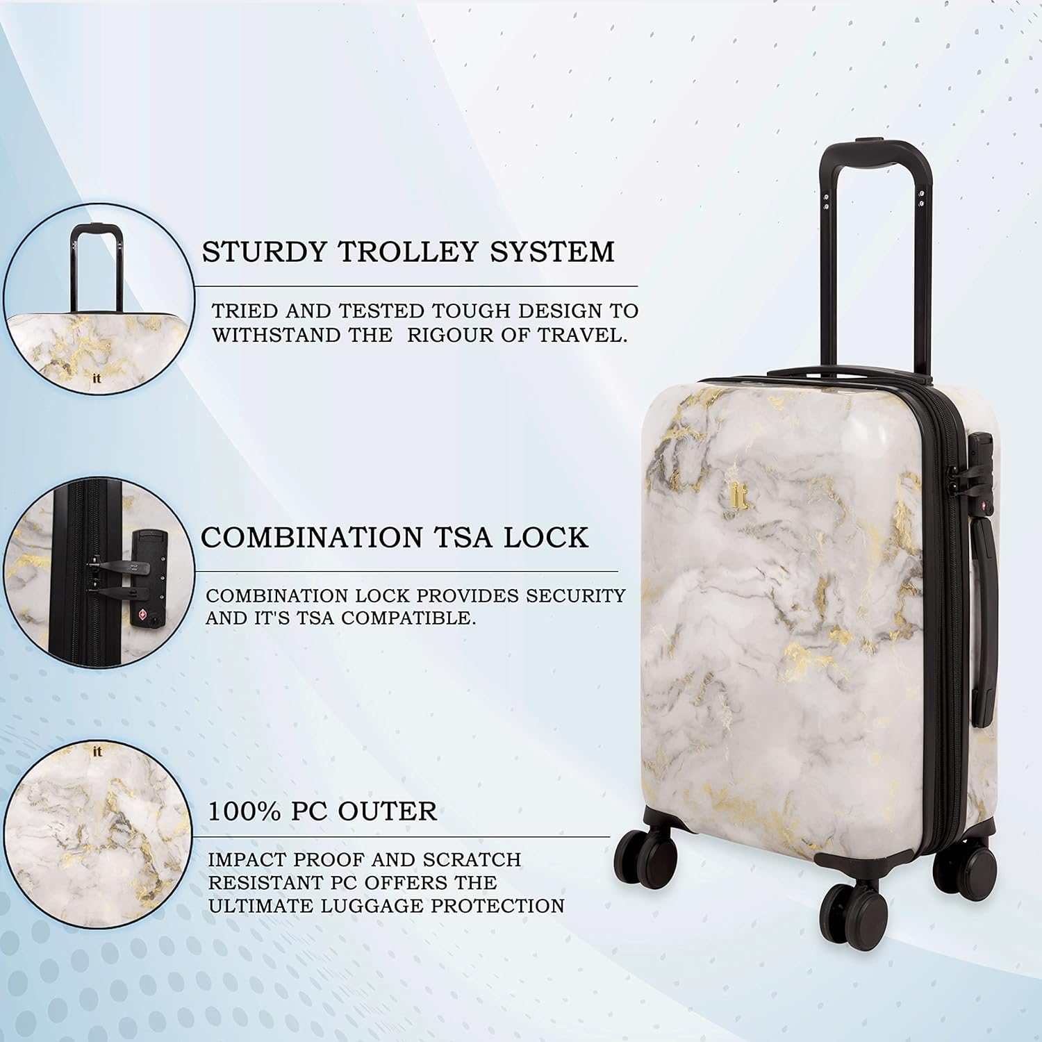 it luggage Sheen -Gold Grey Scale-Marble Effect Cabin-20 inches Expandable Polycarbonate Hardsided Suitcase Travel Bag 8 Wheel Trolley-54.5 cm