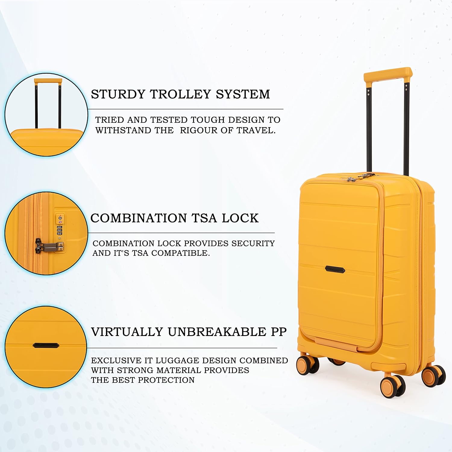 Momentous Mango Yellow PP Hardsided Fashion Luggage Cabin Trolley with Padded Laptop Section with TSA Lock & Wet Pouch Inside 8 Wheel Trolley Bag
