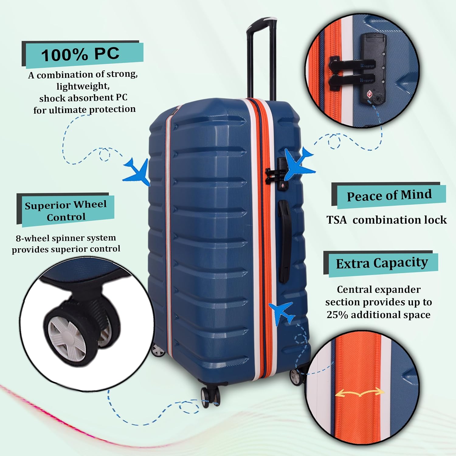 it luggage Intertide Blue Set of 3-Large, Medium & Cabin-28, 24 & 20 inches Expandable Polycarbonate Hard Case Carry on & Check-in Luggage TSA Lock 8 Wheel Trolley Bag Water Proof Interior Pocket