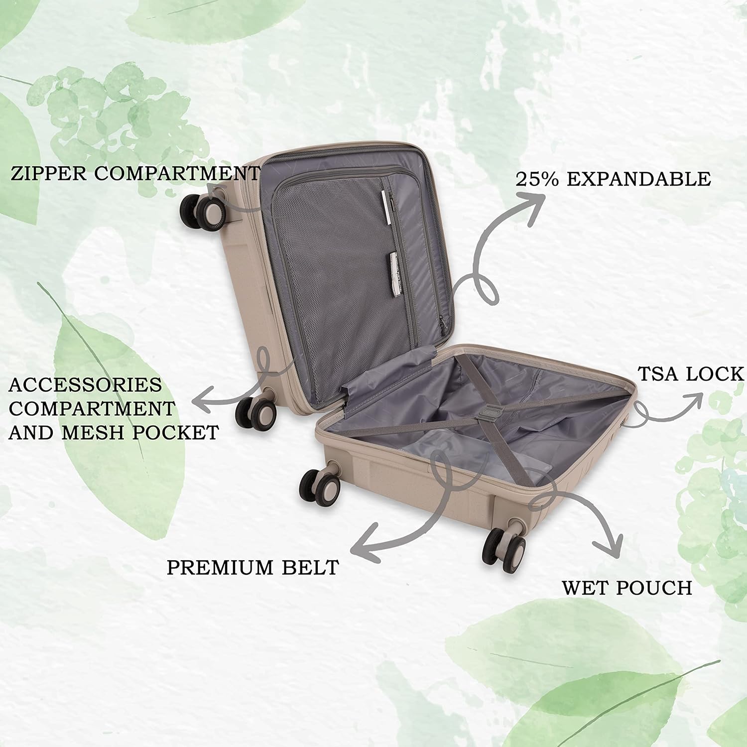 it luggage Eco Tough Beige Cabin-20 inches Expandable Eco-Friendly Polypropylene Hardsided with TSA Lock & Wet Pouch Inside 8 Wheel Trolley Bag