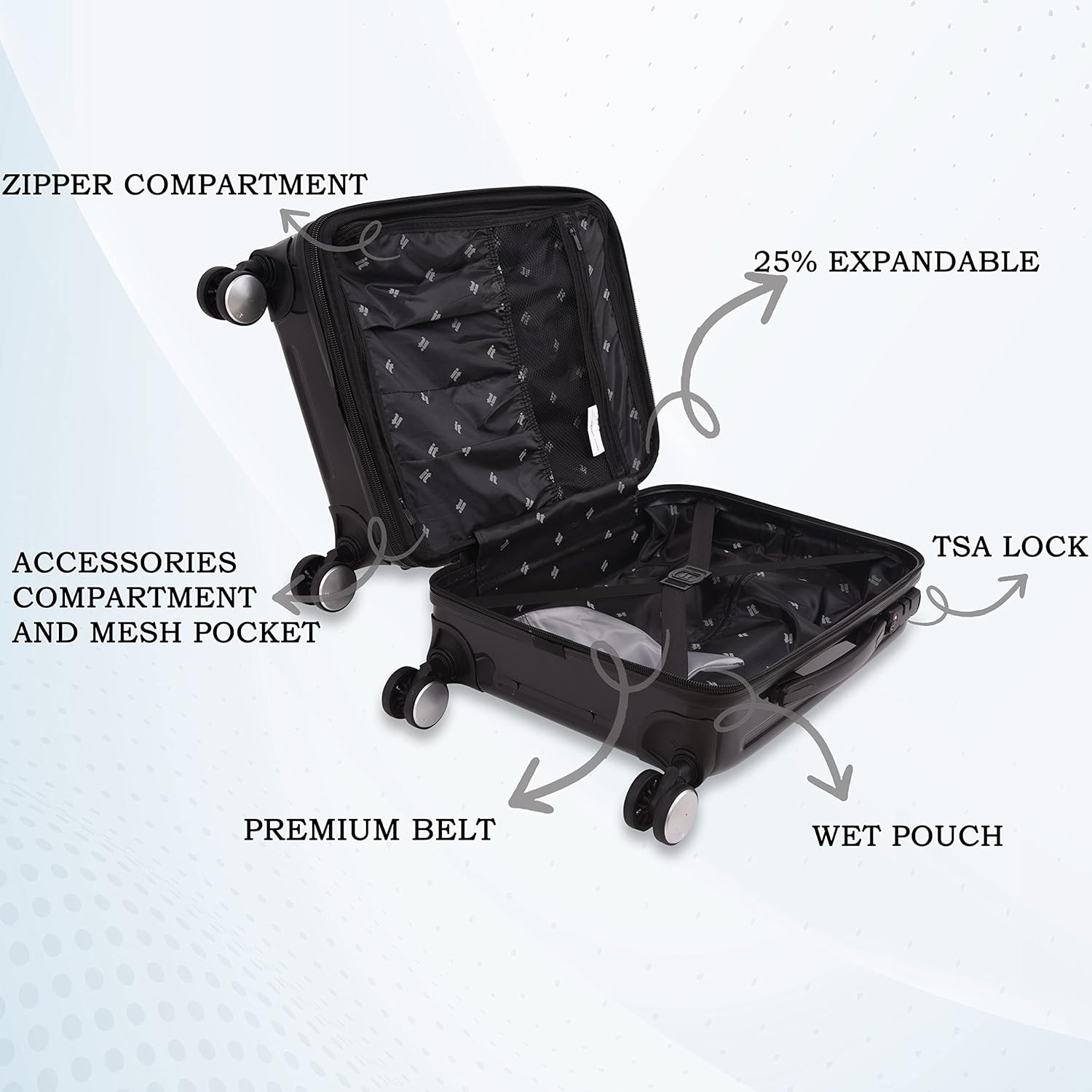 it luggage Fashionista Glossy Black Set of 2-Large & Medium-28 & 24 inches Expandable PC Hardsided with TSA Lock 8 Wheel Trolley Bag