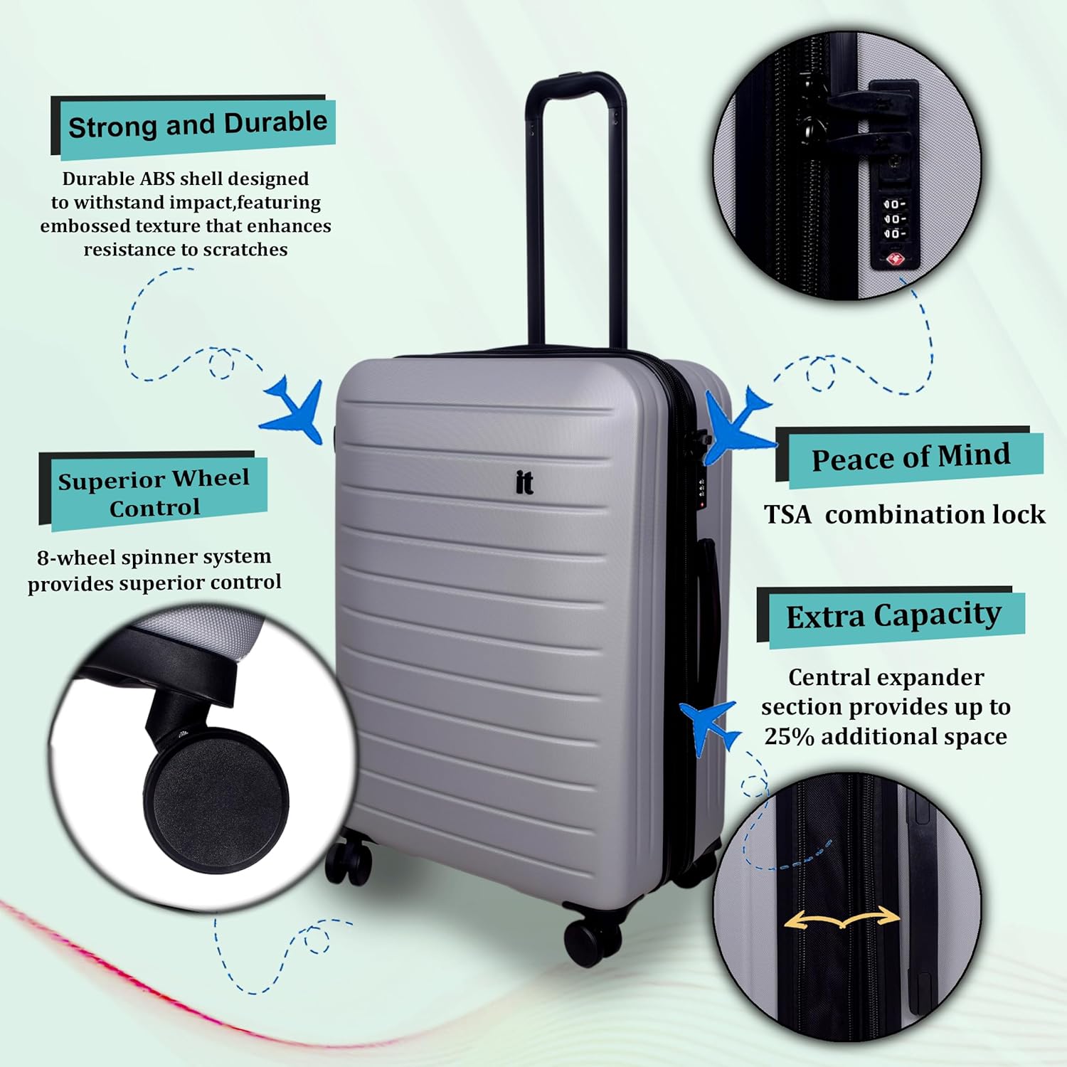 it luggage Legion Silver Grey-Medium & Cabin-70,54 cms Expandable Hardsided 8 Wheel Trolley Luggage with TSA Lock