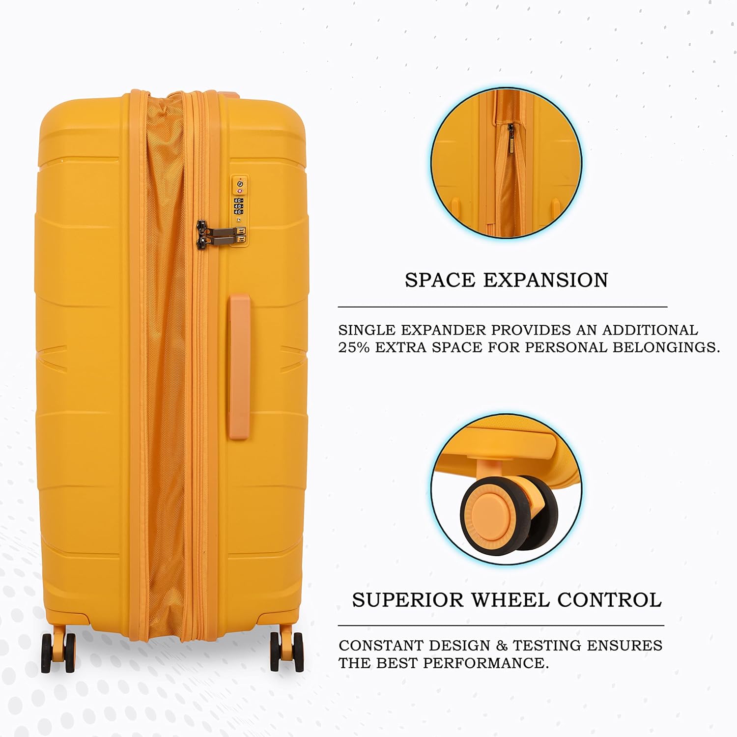 it luggage Momentous Mango Yellow Set of 3-20,24,28 inches Cabin with Padded Laptop Section,Medium & Large Expandable Polypropylene Hardsided with TSA Lock & Wet Pouch Inside 8 Wheel Trolley Bag