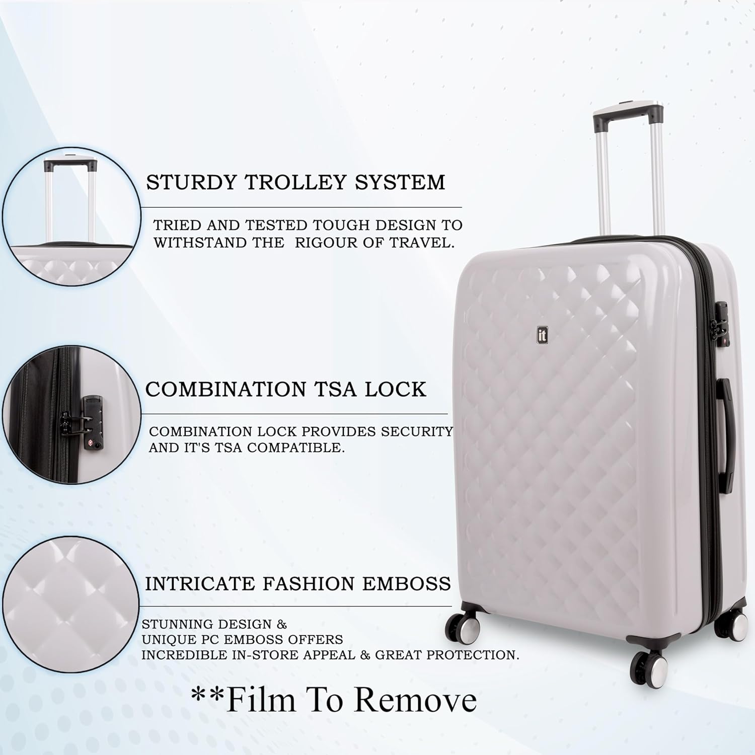 it luggage Fashionista Glossy Grey Set of 3-Large, Medium & Cabin-20,24,28 inches Expandable PC Hardsided with TSA Lock 8 Wheel Trolley Bag