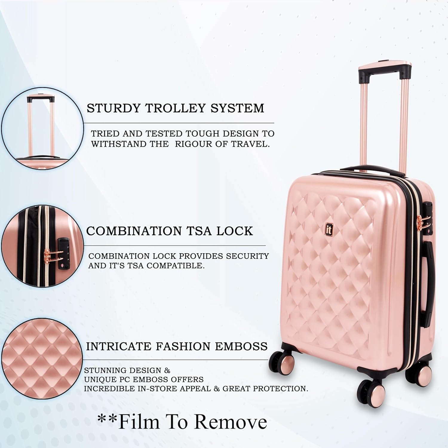 it luggage Fashionista Glossy Rose Gold Cabin-20 inches Expandable PC Hardsided with TSA Lock 8 Wheel Trolley Bag