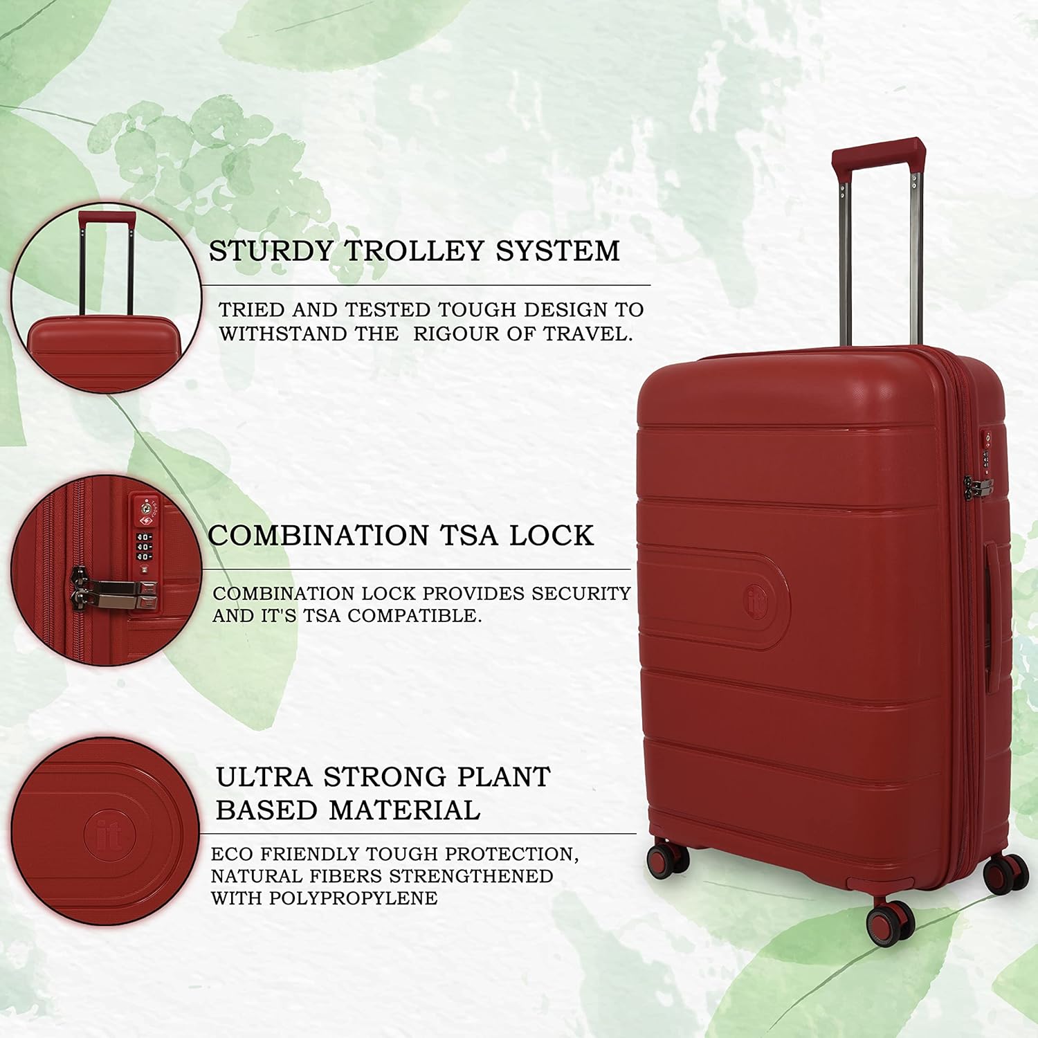it luggage Eco Tough German Red Set of 2- Large & Cabin-28 & 20 inches Expandable Eco-Friendly Polypropylene Hardsided with TSA Lock & Wet Pouch Inside 8 Wheel Trolley Bag
