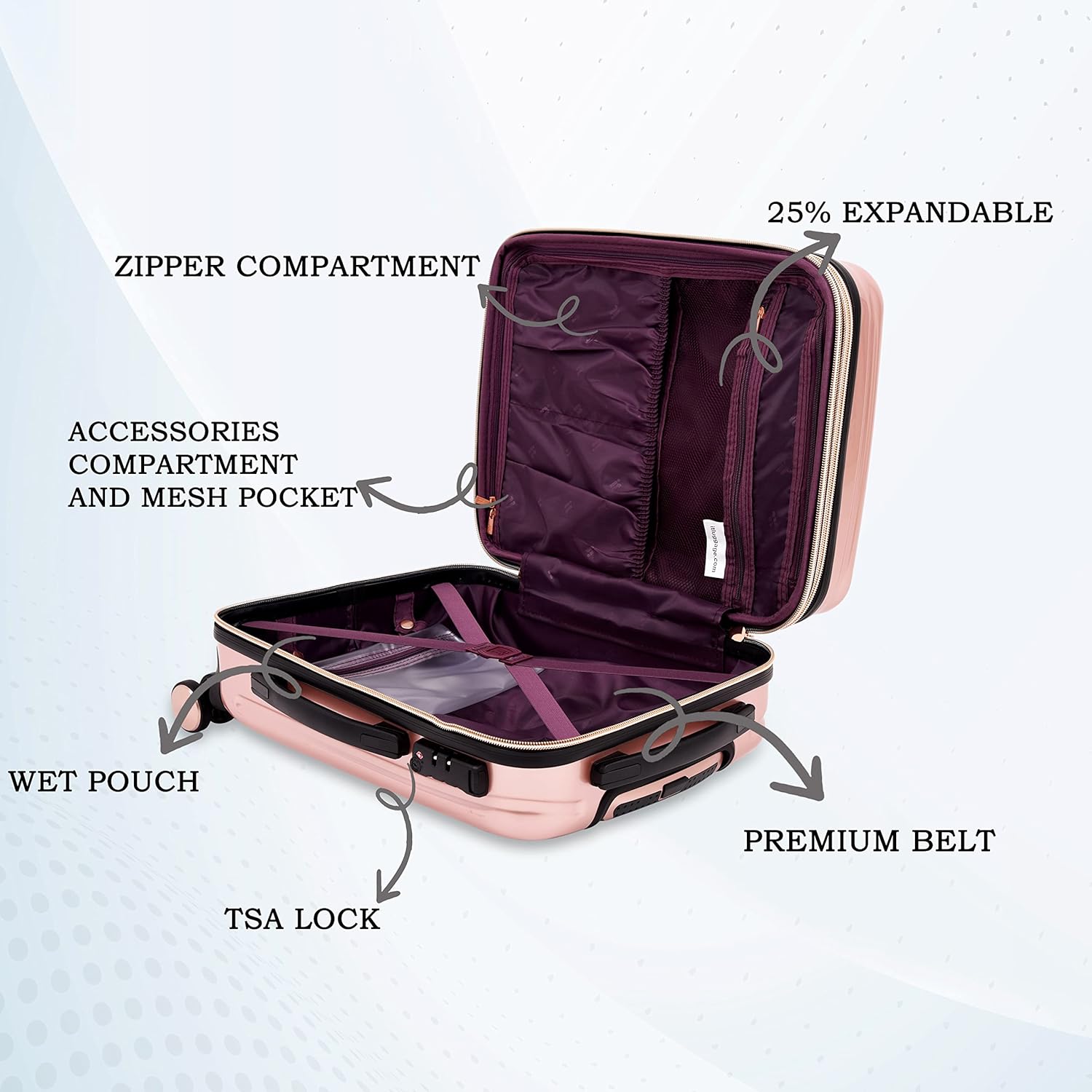 it luggage Fashionista Glossy Rose Gold Set of 3-Large, Medium & Cabin-20,24,28 inches Expandable PC Hardsided with TSA Lock 8 Wheel Trolley Bag