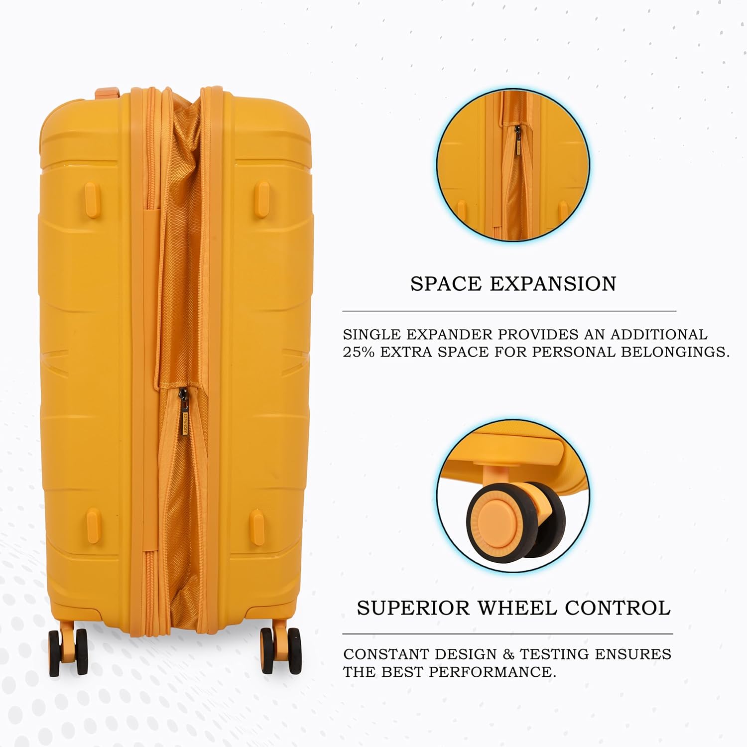 Momentous Mango Yellow PP Hardsided Fashion Luggage Cabin Trolley with Padded Laptop Section with TSA Lock & Wet Pouch Inside 8 Wheel Trolley Bag