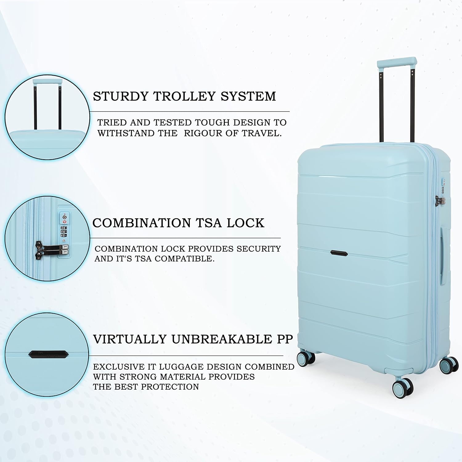 it luggage Momentous Sky Blue Set of 3-Large, Medium & Cabin-20,24,28 inches Cabin with Padded Laptop Section and Large and Medium Expandable Polypropylene Hardsided with TSA Lock 8 Wheel Trolley Bag