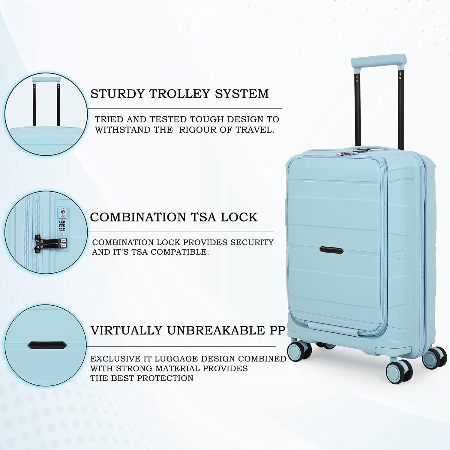 it luggage-Momentous Sky Blue-20 inches PP Hardsided Fashion Luggage Cabin Trolley with Padded Laptop Section 8 Wheel with TSA Lock & Wet Pouch Inside