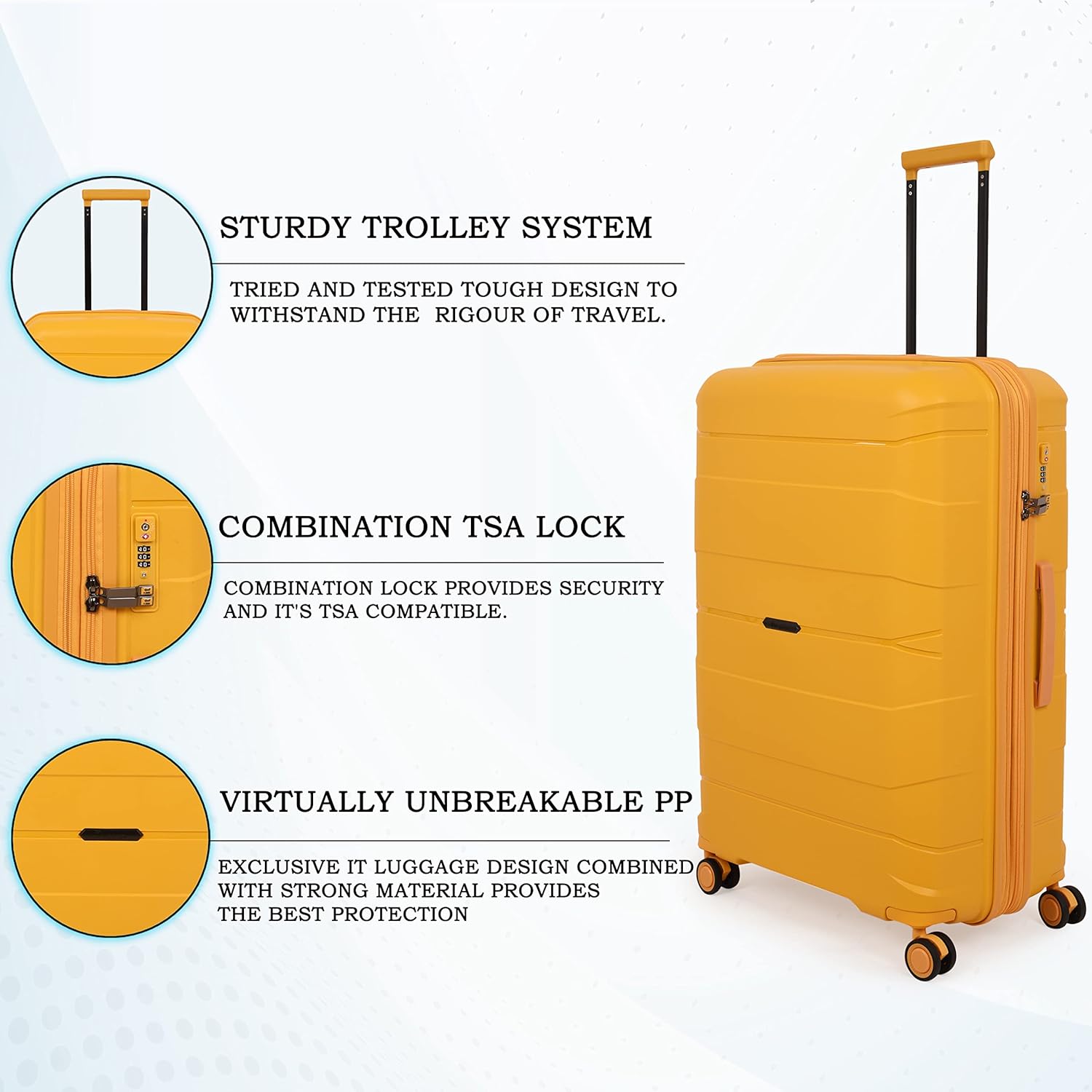 it luggage Momentous Mango Yellow Set of 3-20,24,28 inches Cabin with Padded Laptop Section,Medium & Large Expandable Polypropylene Hardsided with TSA Lock & Wet Pouch Inside 8 Wheel Trolley Bag
