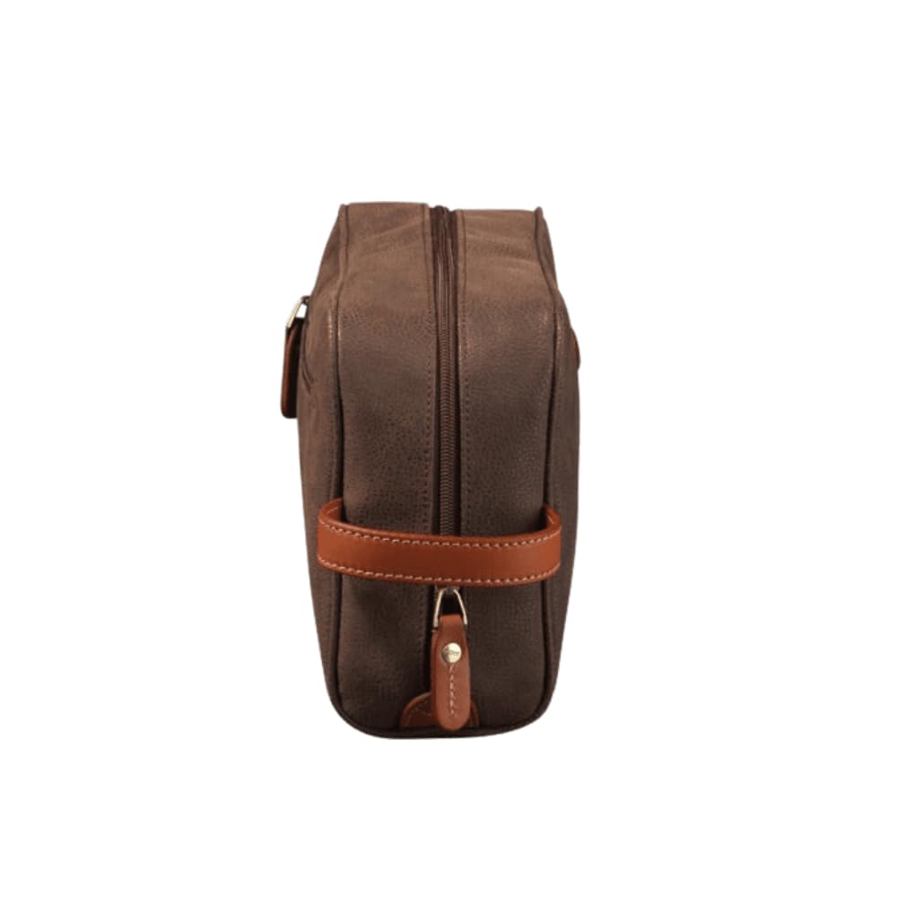 Uppsala Toiletry Bag-Chocolate Brown-17 cms Polysuede Material with Leather Trimmings for Men and Women