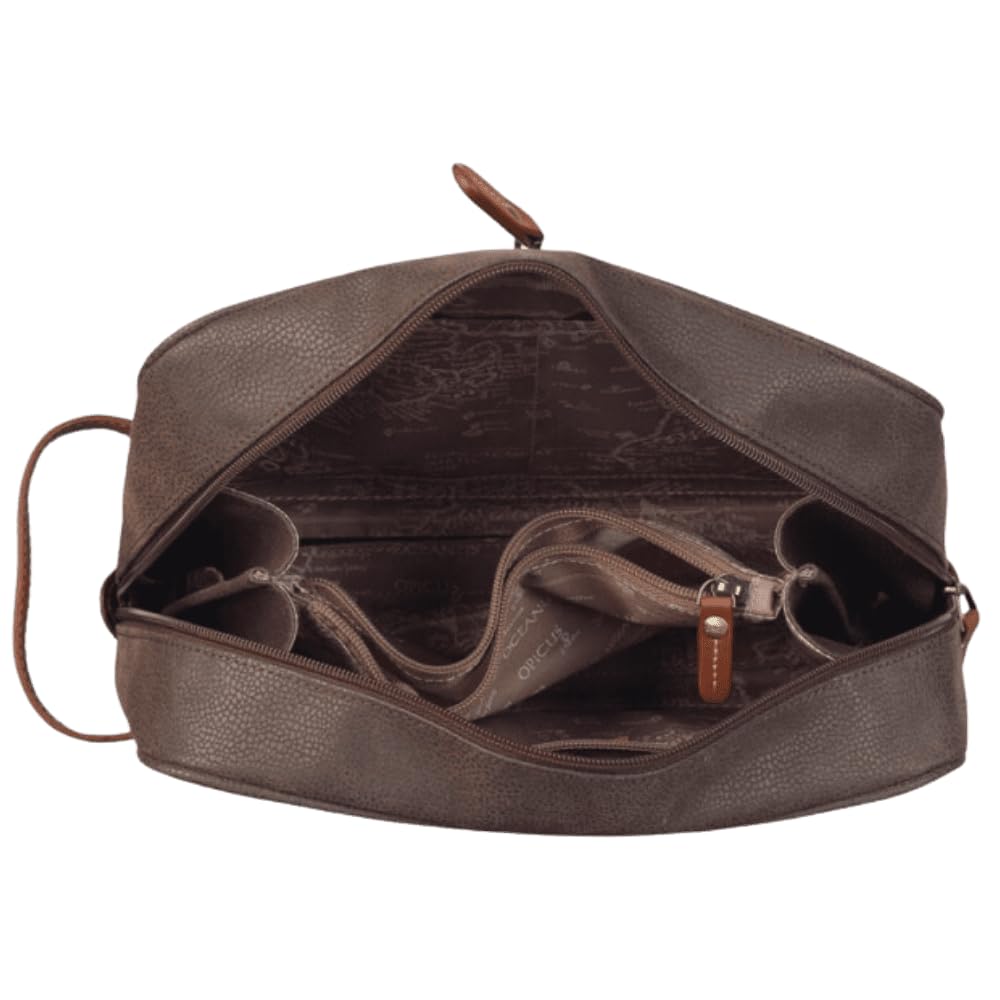 Uppsala Toiletry Bag-Chocolate Brown-17 cms Polysuede Material with Leather Trimmings for Men and Women