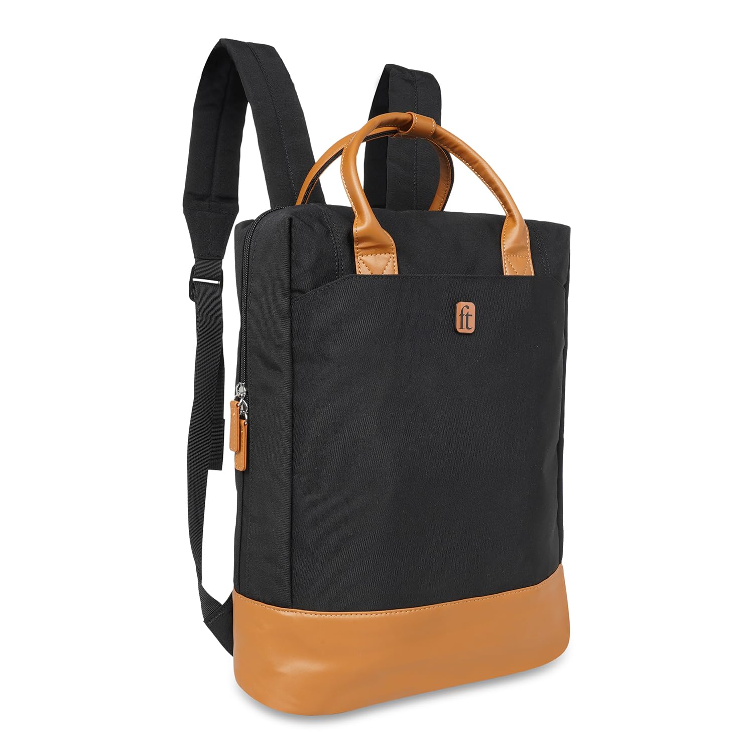 ft Backpack Dapper Black with Vegan Leather Trims, Eco Responsible fabric with one main compartment having padded Laptop section, Organizer, Pen holder and Premium Key holder.Unisex fashion Backpack.