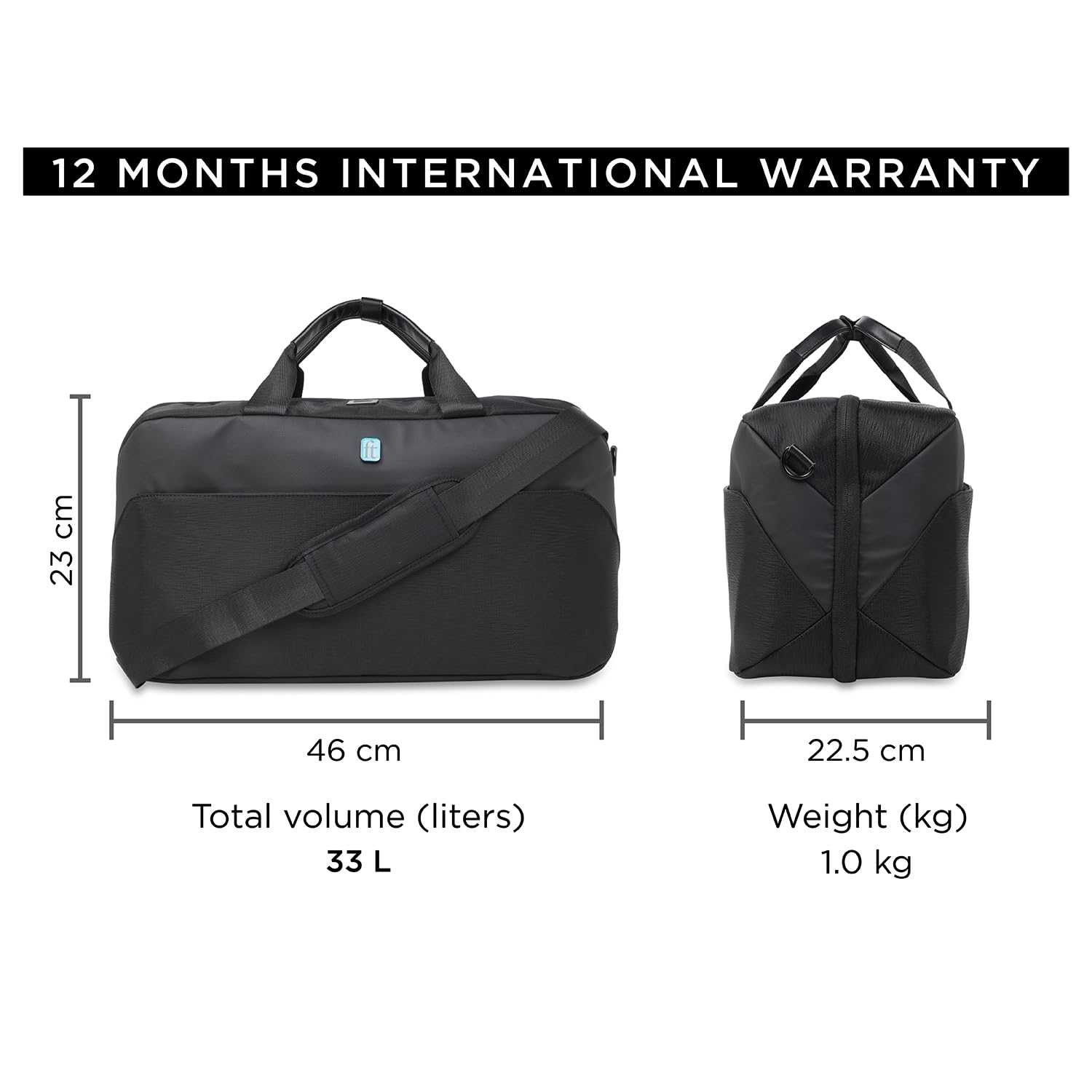 ft Elite Black Duffle Bag for Travel with Vegan Leather Trimmings Recessed USB Port Eco Responsible Light Weight with Padded Laptop Section, Mesh Pocket Inside Fashion Duffle Bag for Men and Women