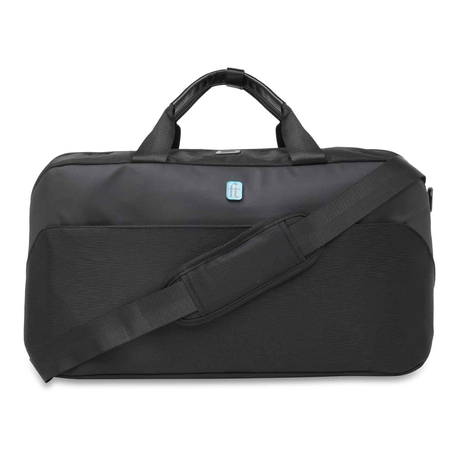 ft Elite Black Duffle Bag for Travel with Vegan Leather Trimmings Recessed USB Port Eco Responsible Light Weight with Padded Laptop Section, Mesh Pocket Inside Fashion Duffle Bag for Men and Women