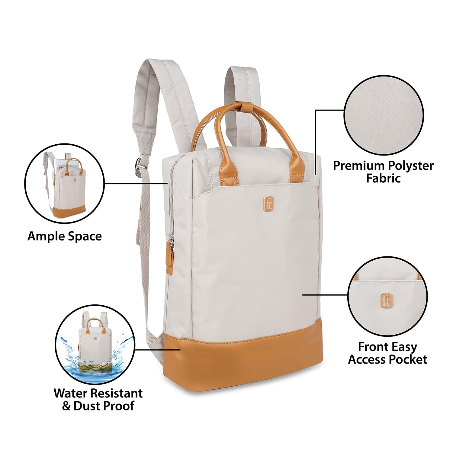 ft Dapper Beige backpack with Vegan Leather Trims, Eco Responsible fabric with one main compartment having padded Laptop section, Organizer, Pen holder and Premium Key holder.Unisex fashion Backpack.