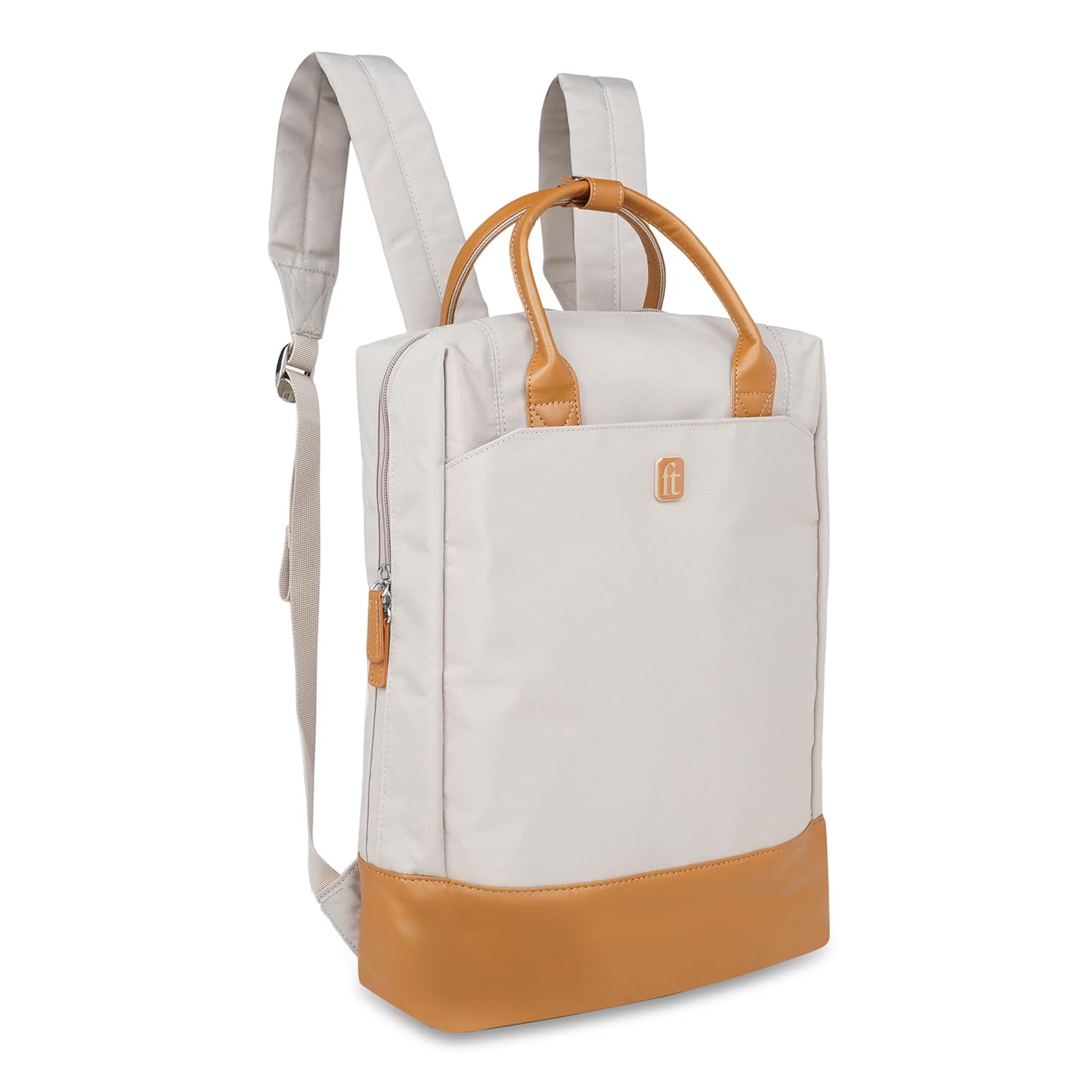 ft Dapper Beige backpack with Vegan Leather Trims, Eco Responsible fabric with one main compartment having padded Laptop section, Organizer, Pen holder and Premium Key holder.Unisex fashion Backpack.