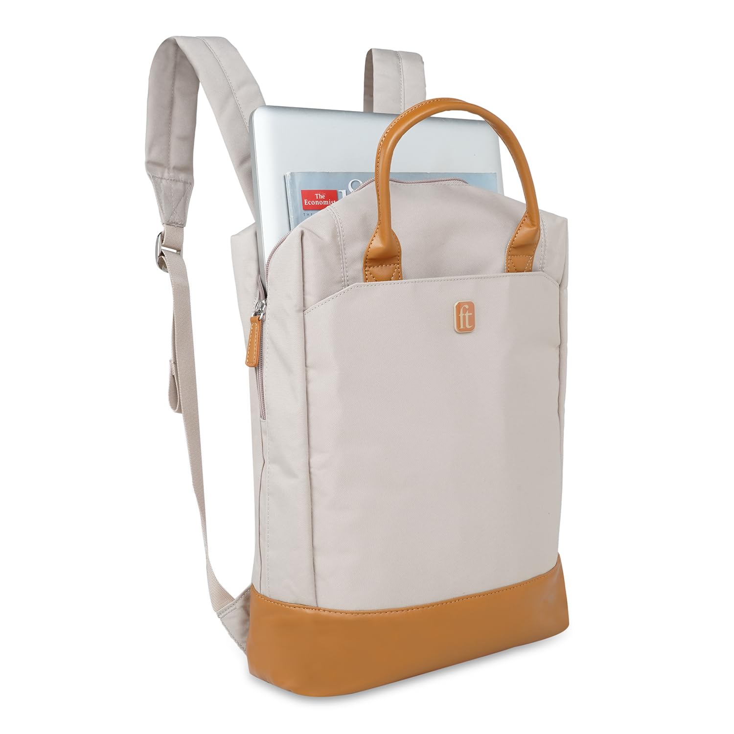 ft Dapper Beige backpack with Vegan Leather Trims, Eco Responsible fabric with one main compartment having padded Laptop section, Organizer, Pen holder and Premium Key holder.Unisex fashion Backpack.