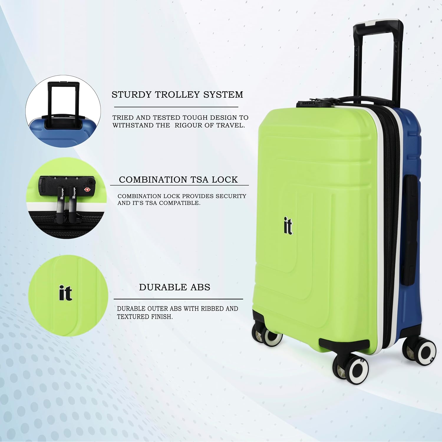 it luggage Convolved-Blue Lime-Cabin-20 inches Hardsided Suitcase Travel Bag Expandable 8 Wheel Trolley Bag with Wet Pouch & TSA Lock-54cm