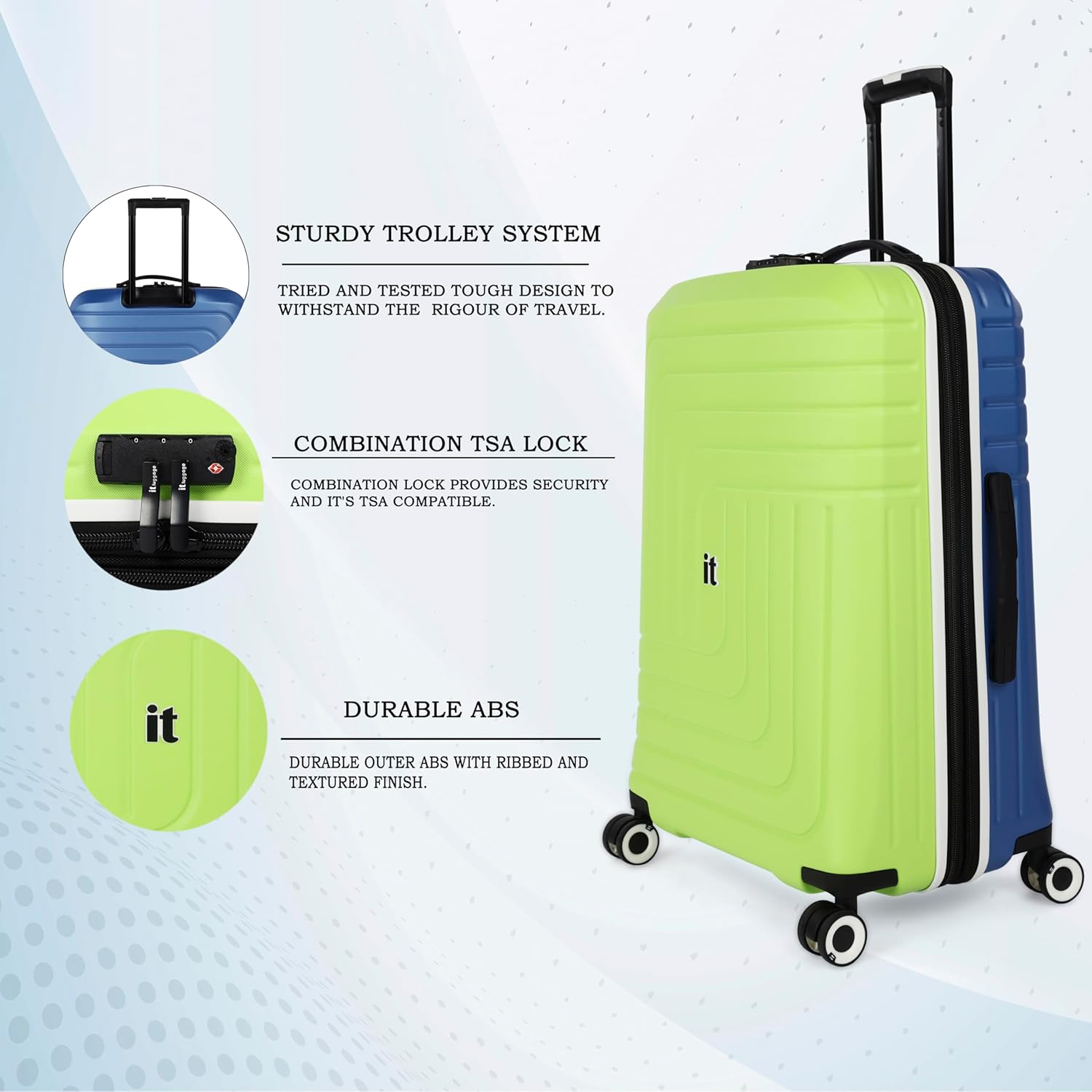 it luggage Convolved-Blue Lime-Large-28 inches Hardsided Suitcase Travel Bag Expandable 8 Wheel Trolley Bag with Wet Pouch & TSA Lock-80cm