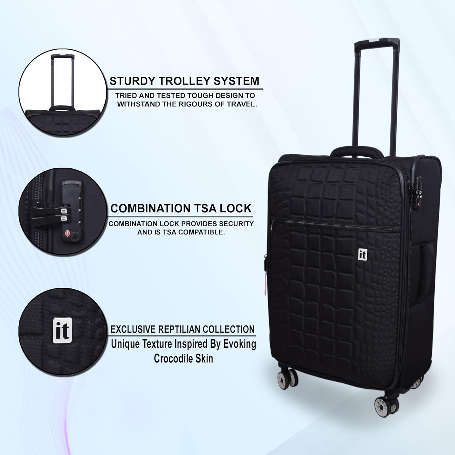 it luggage Reptilian-Black-Combo- Large & Medium-28 & 24 inches- Expandable- Softsided with TSA Lock 8 Wheel Trolley Bag