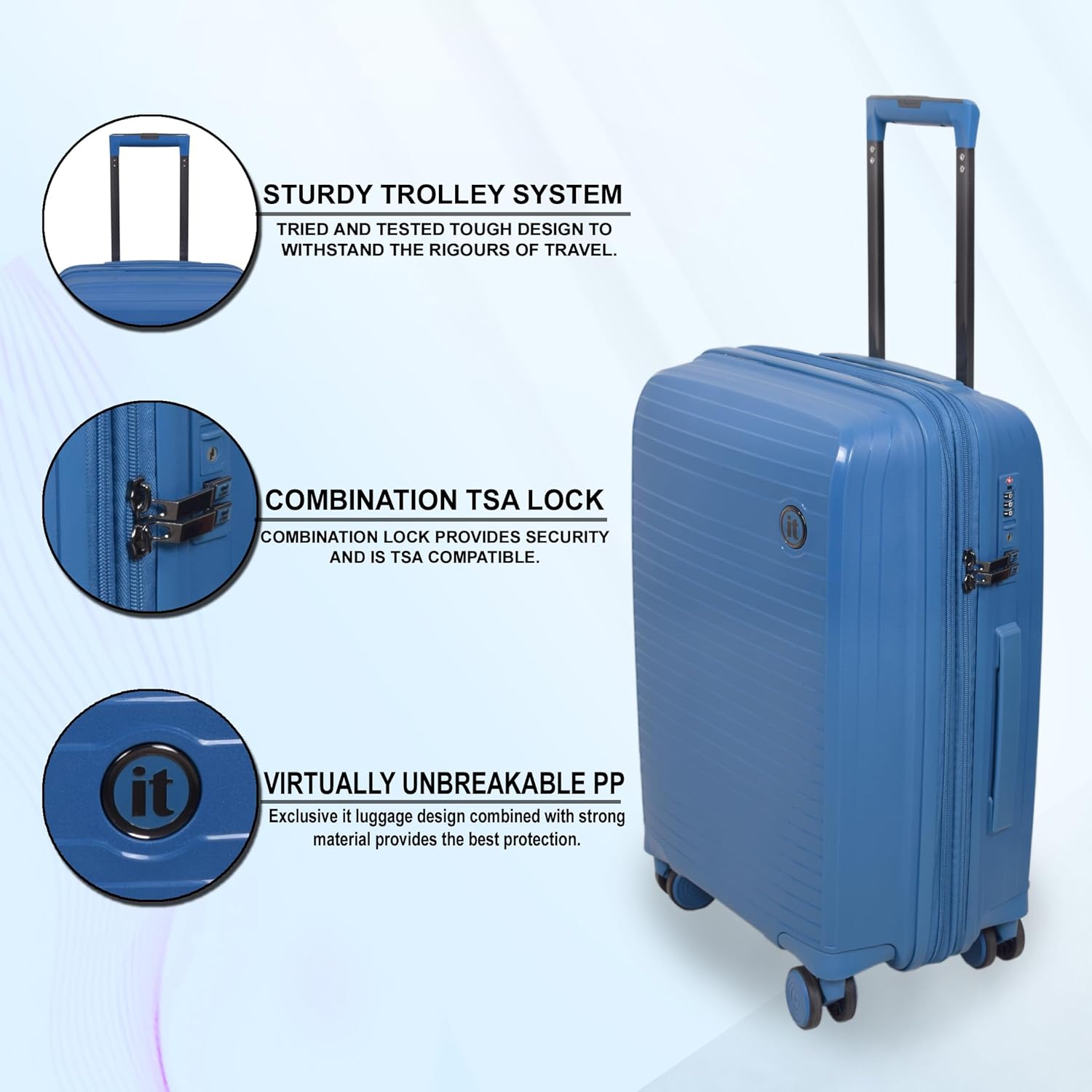 it luggage Spontaneous Blue Large-28 inches Check-in Luggage Expandable Anti-Theft Zipper Polypropylene Hardsided with TSA Lock 8 Wheel Trolley Bag