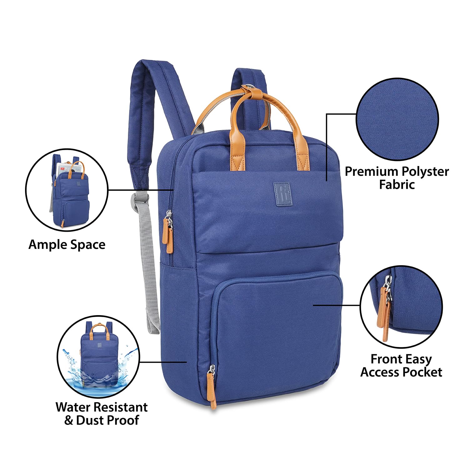 ft Backpack Weekender Blue with Vegan Leather Trimmings Eco Responsible with one main compartment Padded Laptop section, Organizer and premium Key holder Fashion Backpack for Men and Women