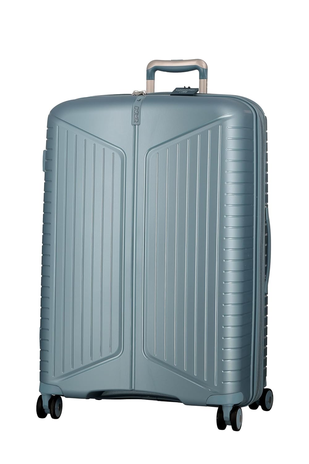 EVAE EV28 Metallic Light Blue-Large-76cm Expandable Hardsided 8 Wheel Luggaage with TSA Lock, Shoe Pouch, Wet Pouch, Laundry Bag and Silicone Name tag