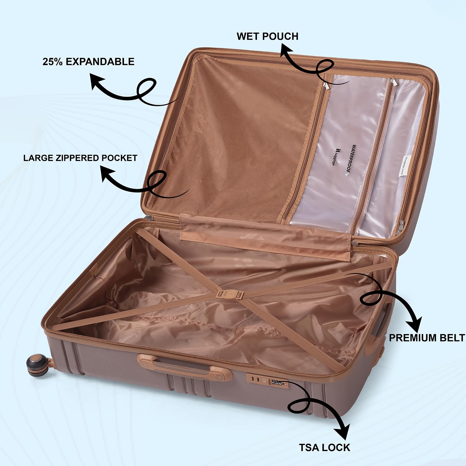 it luggage-Quintessential-Brown-Large 28 inches Expandable Hard Case Beautiful Interior with Wet Pouch Check-in Luggage 8 Wheel Trolley Bag