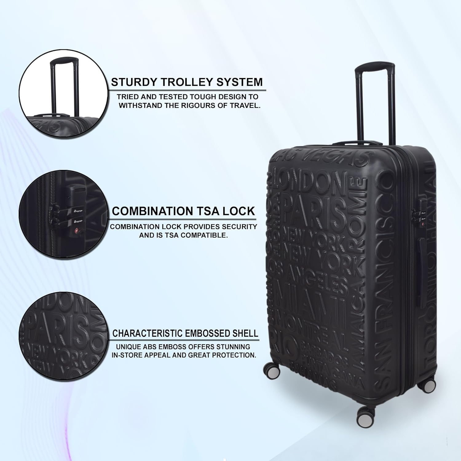 it luggage-Destinations-Black-Set of 2-Large & Medium-28 & 24 inches-Expandable Hardsided Suitcase Travel Bag 8 Wheel Trolley Bag with TSA Lock & Wet Pouch Inside