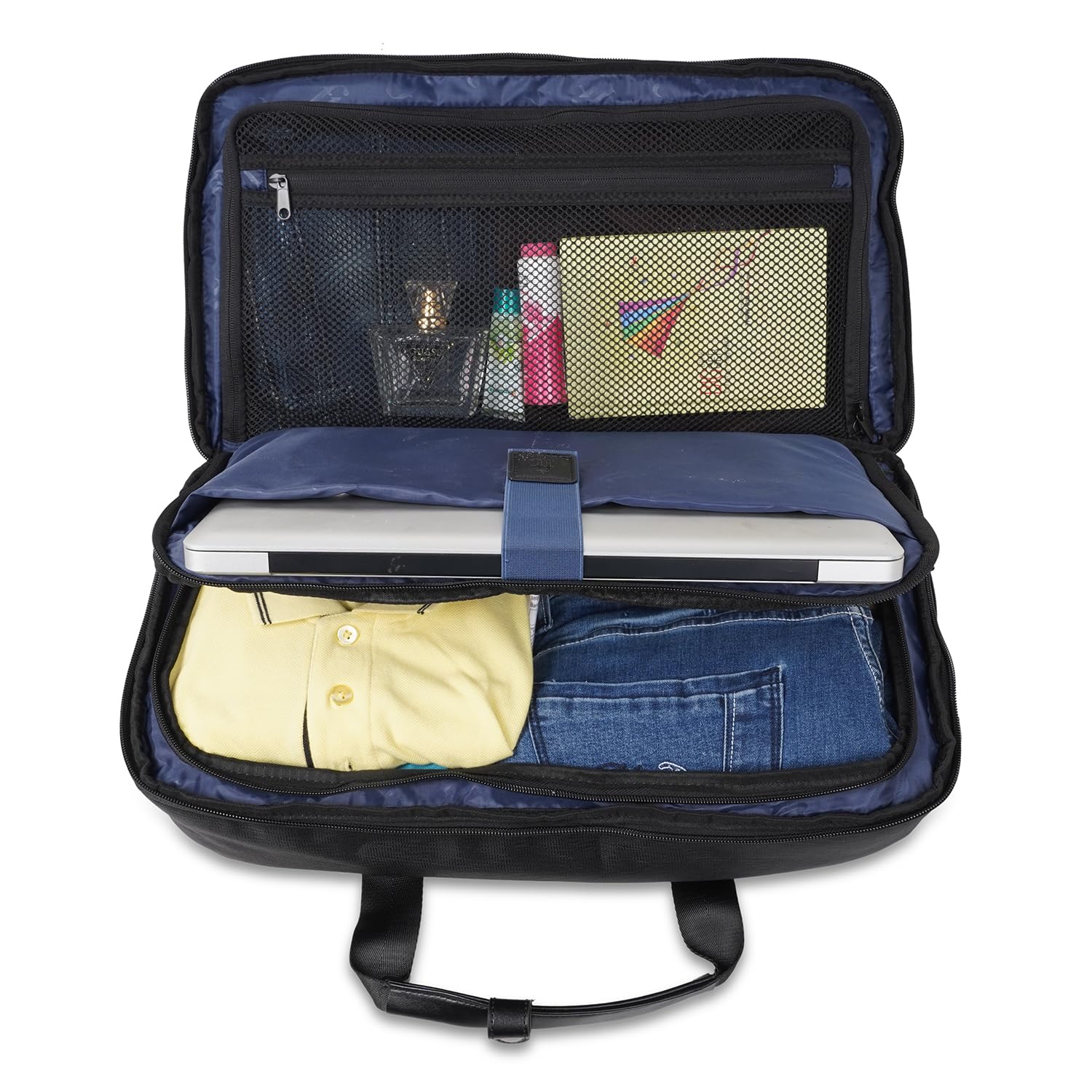 ft Elite Black Duffle Bag for Travel with Vegan Leather Trimmings Recessed USB Port Eco Responsible Light Weight with Padded Laptop Section, Mesh Pocket Inside Fashion Duffle Bag for Men and Women
