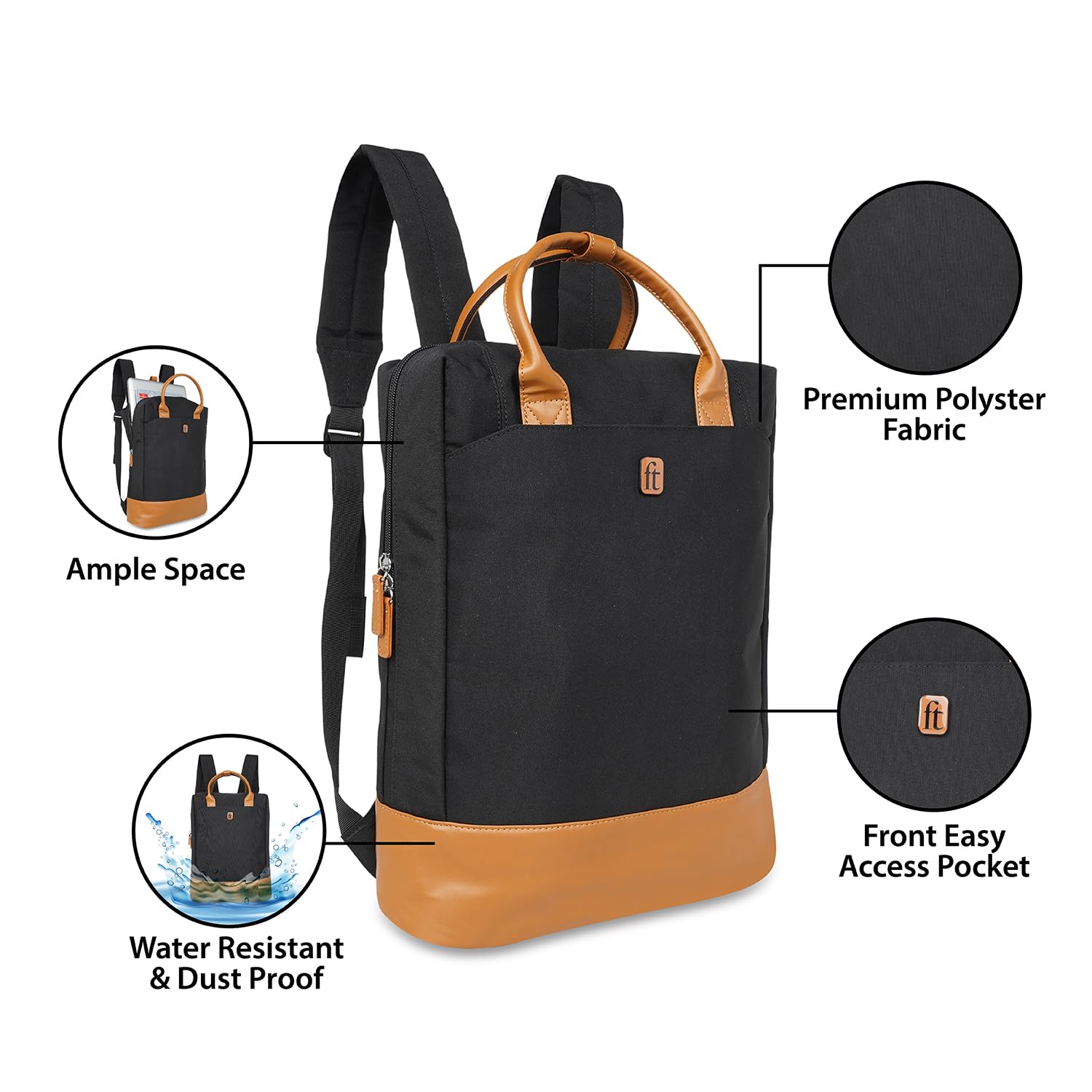 ft Backpack Dapper Black with Vegan Leather Trims, Eco Responsible fabric with one main compartment having padded Laptop section, Organizer, Pen holder and Premium Key holder.Unisex fashion Backpack.