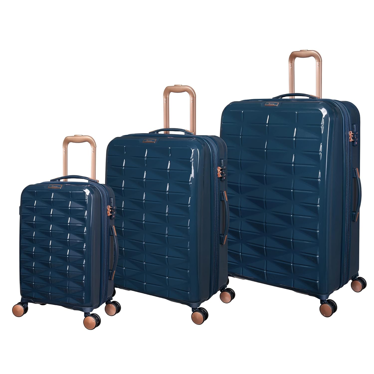 it luggage Certify Peacock Navy- Set of 3-Large, Medium & Cabin-20,24,28 inches Expandable PC Hardsided with TSA Lock 8 Wheel Trolley Bag