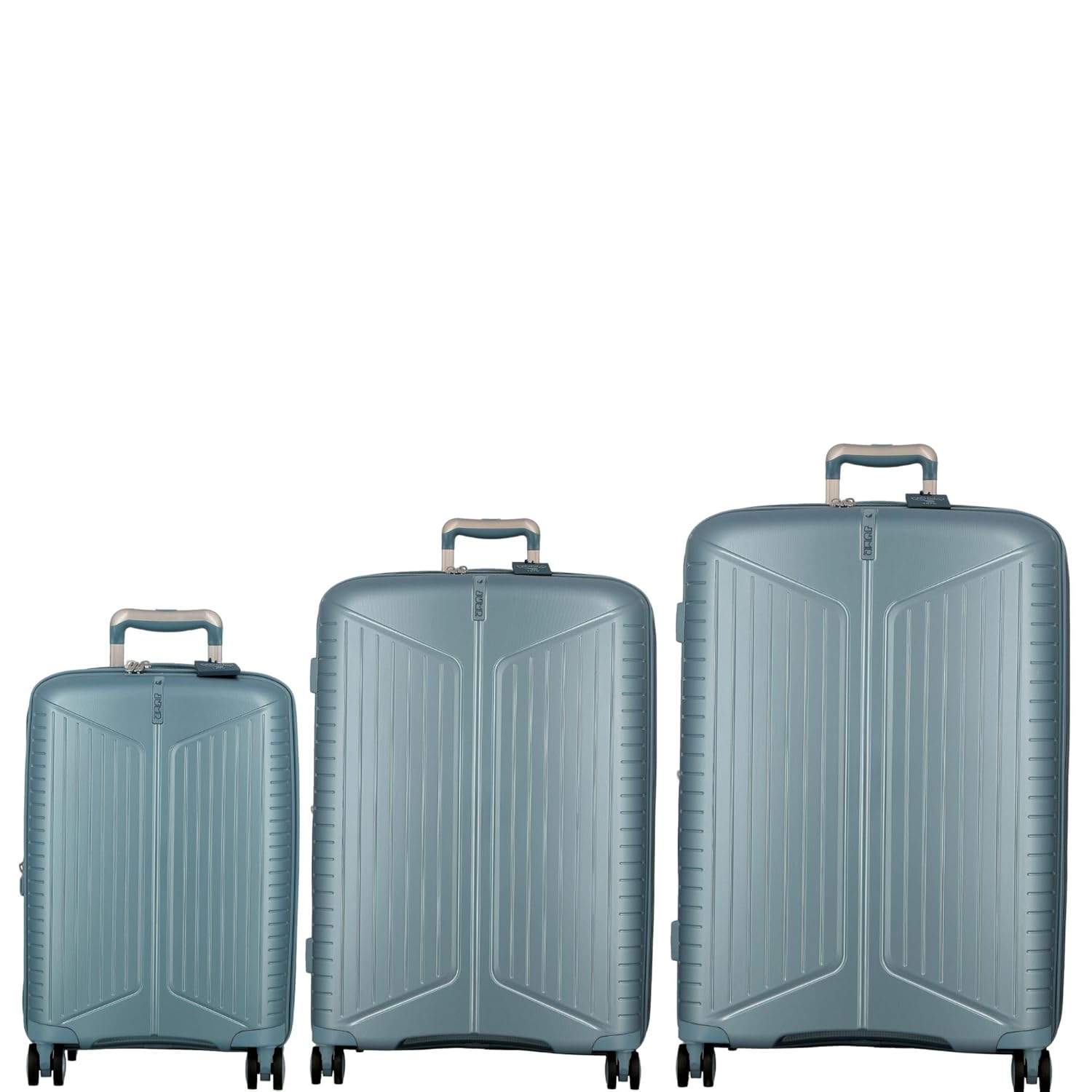 EVAE-Light Blue-Set of 3-Large, Medium & Cabin-76,66,55cm Expandable Hardsided 8 Wheel Luggage with TSA Lock, Shoe Pouch, Wet Pouch, Laundry Bag and Silicone Name tag