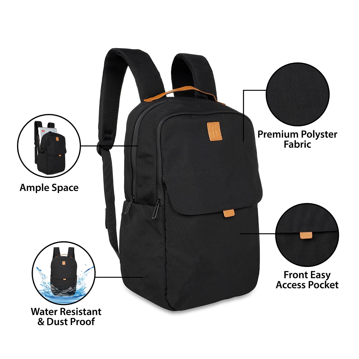 ft Backpack Daily Black with Vegan Leather Trimmings Eco Responsible with 2 main compartments Padded Laptop & Ipad section, Organizer, Premium Key holder Fashion Backpack for Men and Women