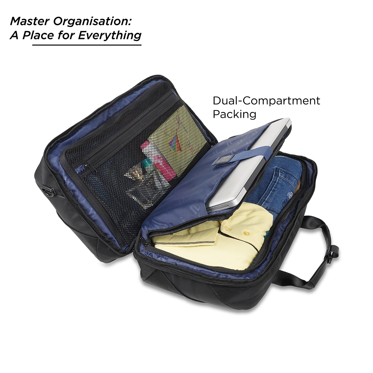 ft Elite Black Duffle Bag for Travel with Vegan Leather Trimmings Recessed USB Port Eco Responsible Light Weight with Padded Laptop Section, Mesh Pocket Inside Fashion Duffle Bag for Men and Women