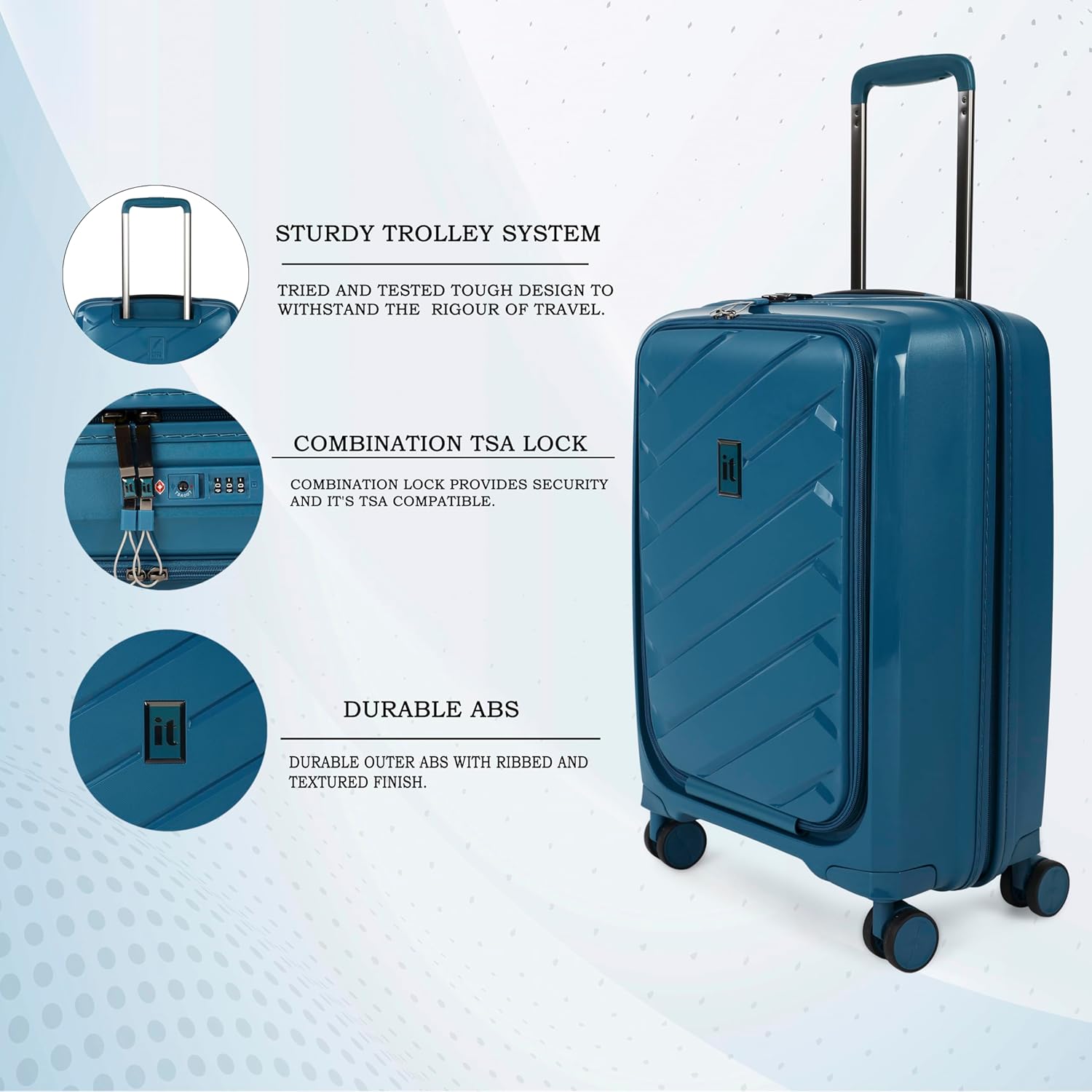 it luggage Influential-Blue-Cabin-20 inches with Padded Laptop Section-PP Hardsided Fashion Luggage Trolley 8 Wheel Luggage with TSA Lock-54.5 cm